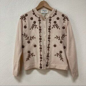 Vintage 1950s Timming Flower Beaded Cardigan Sweater Silk Linning Sz Small